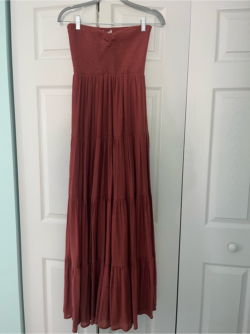 HYFVE Rust Red Strapless Smocked Tiered Maxi Dress